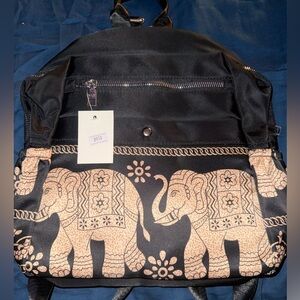 black nylon backpack with a unique elephant print design